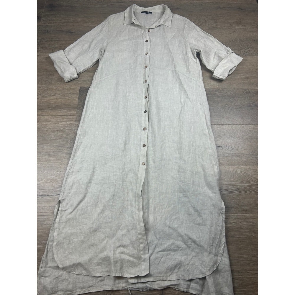 Charlie B Women Long Sleeve Button Down Tunic Shirt Dress Light Gray Linen L